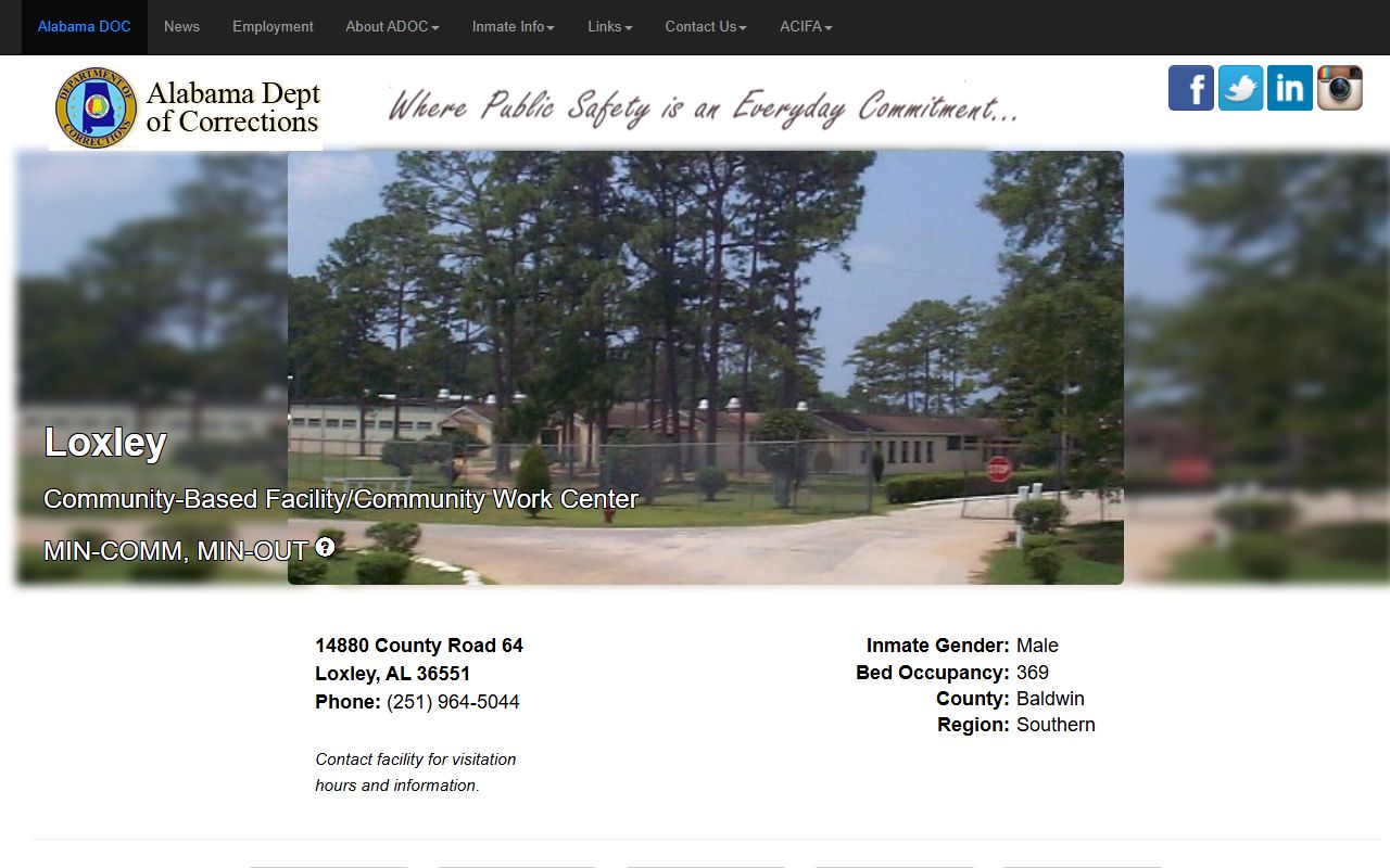 Loxley Community Based Facility and Community Work Center ADOC inmate locator details