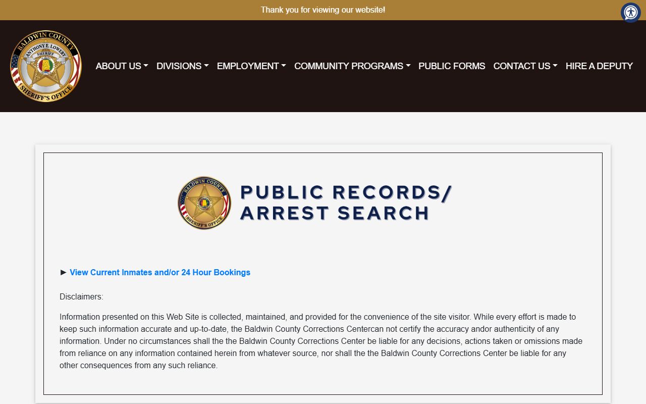 Baldwin County sheriff arrest-search page for the current inmate population